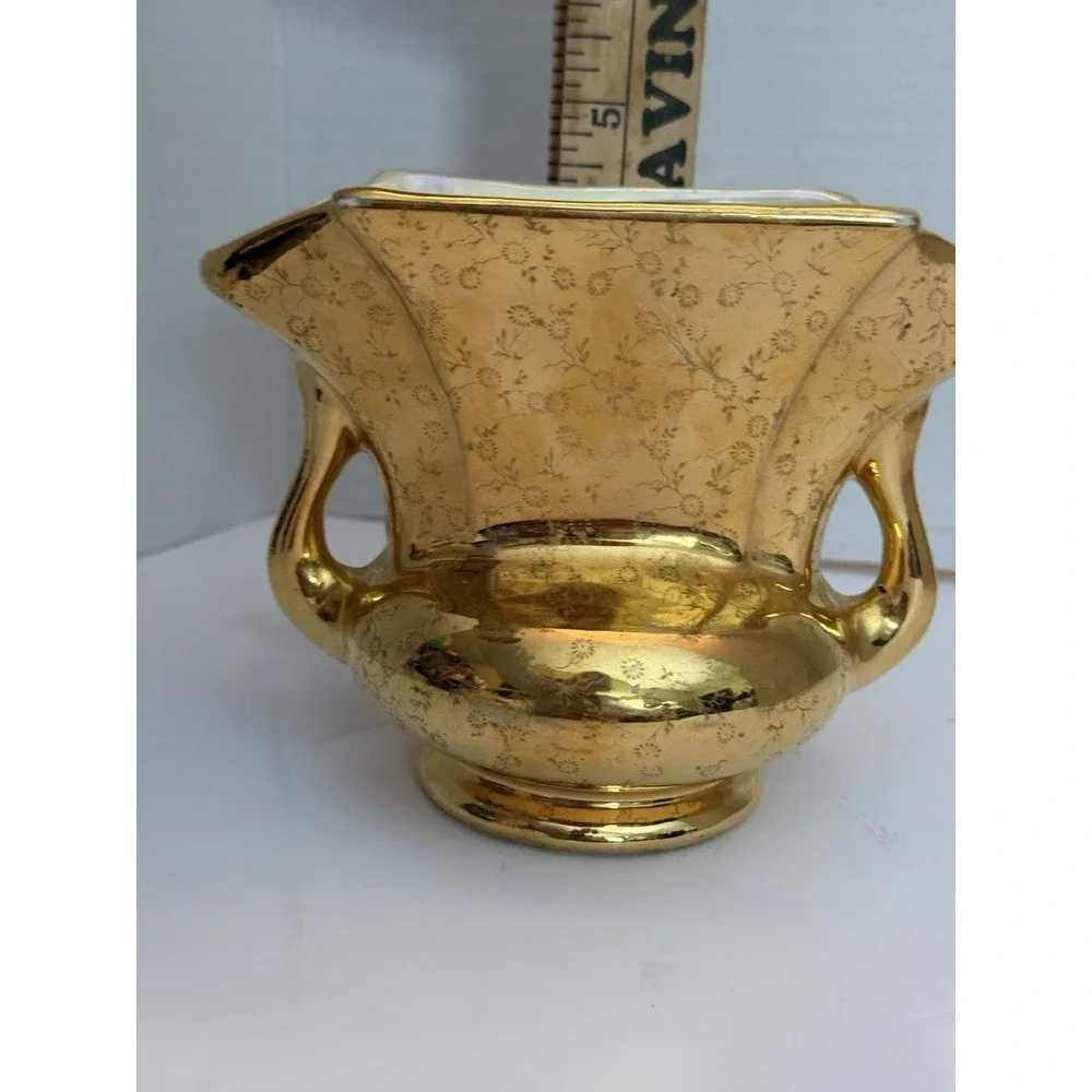 Vintage Gold Floral Cream Lusterware Vase Urn Handled  Collectible 22K Gold Flaw